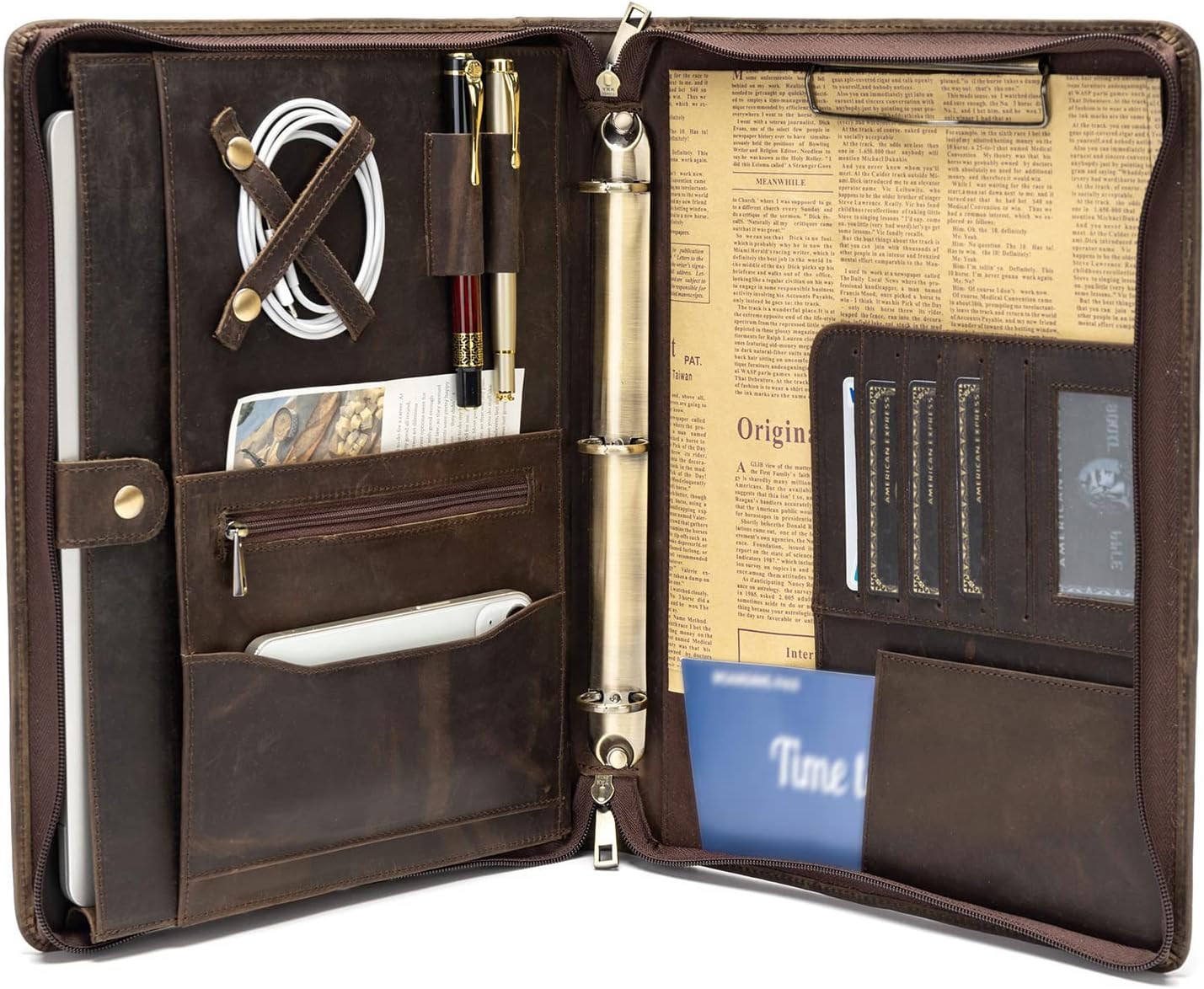 YIWEN Handmade Leather Portfolio with Handle, 3 Ring Binder, Zippered Padfolio for 13" Tablet, 8.5 x 11 Notepad, Professional Business Document Organizer (Dark Khaki, Crazy Horse Leather)