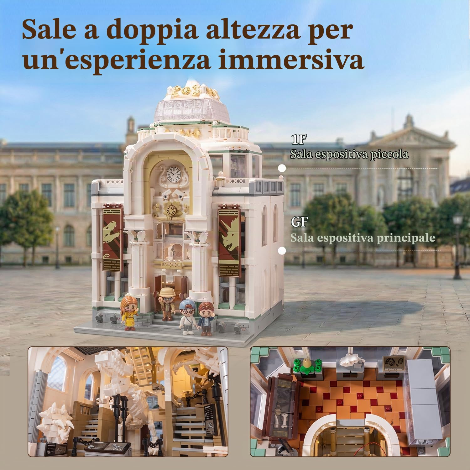 PANTASY Dinosauro Museo Building Set per Adulti, Architettura Illuminata | Museo modulare barocco con 11 luci LED, doppia sala espandibile ed esposizione da collezione compatibile con la strada