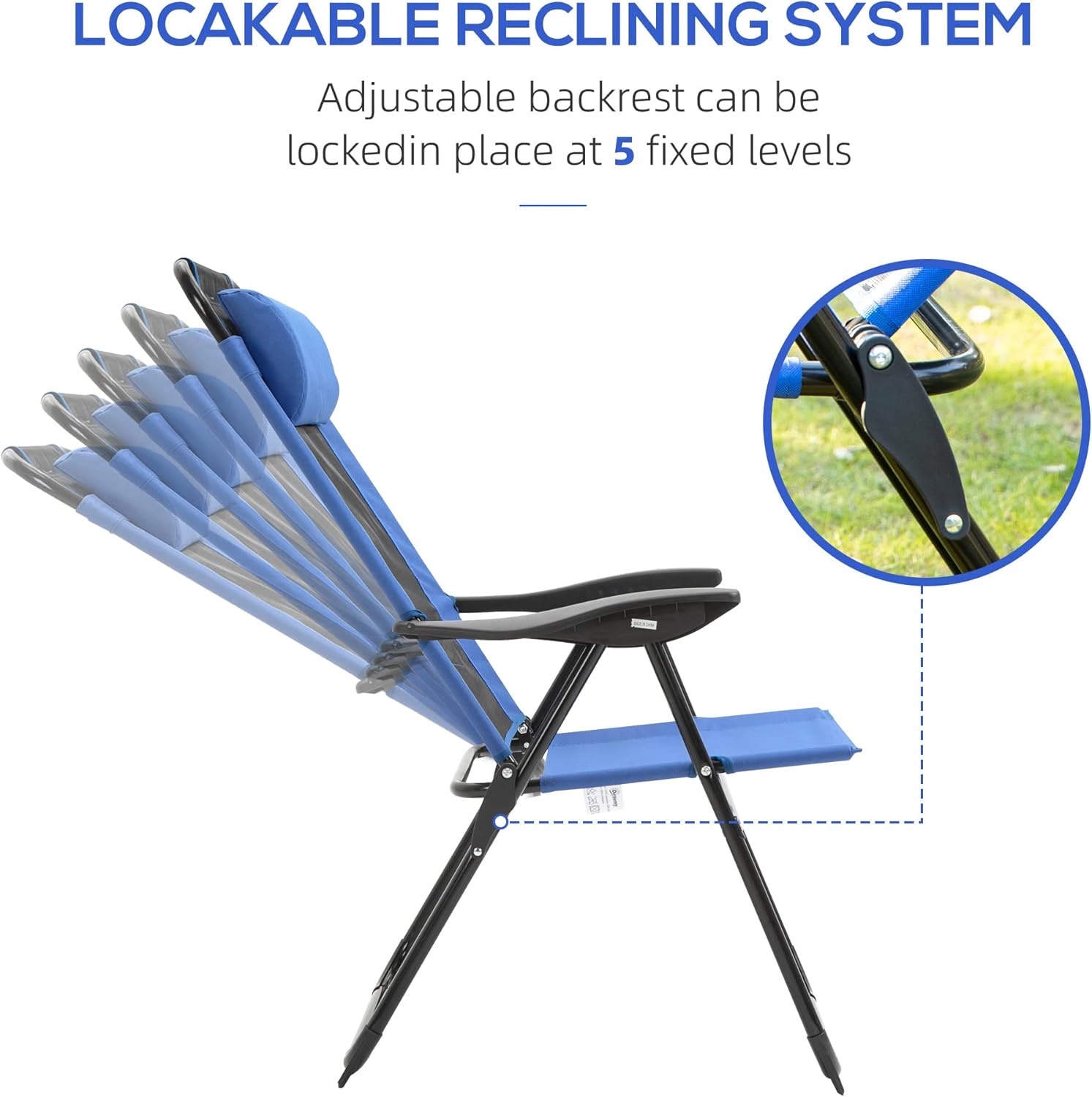 Outsunny Folding Patio Dining Chairs Set of 2, Outdoor Deck Chair with Removable Headrest, Camping Chair with Adjustable Sling Back for Garden, Backyard, Lawn, Blue