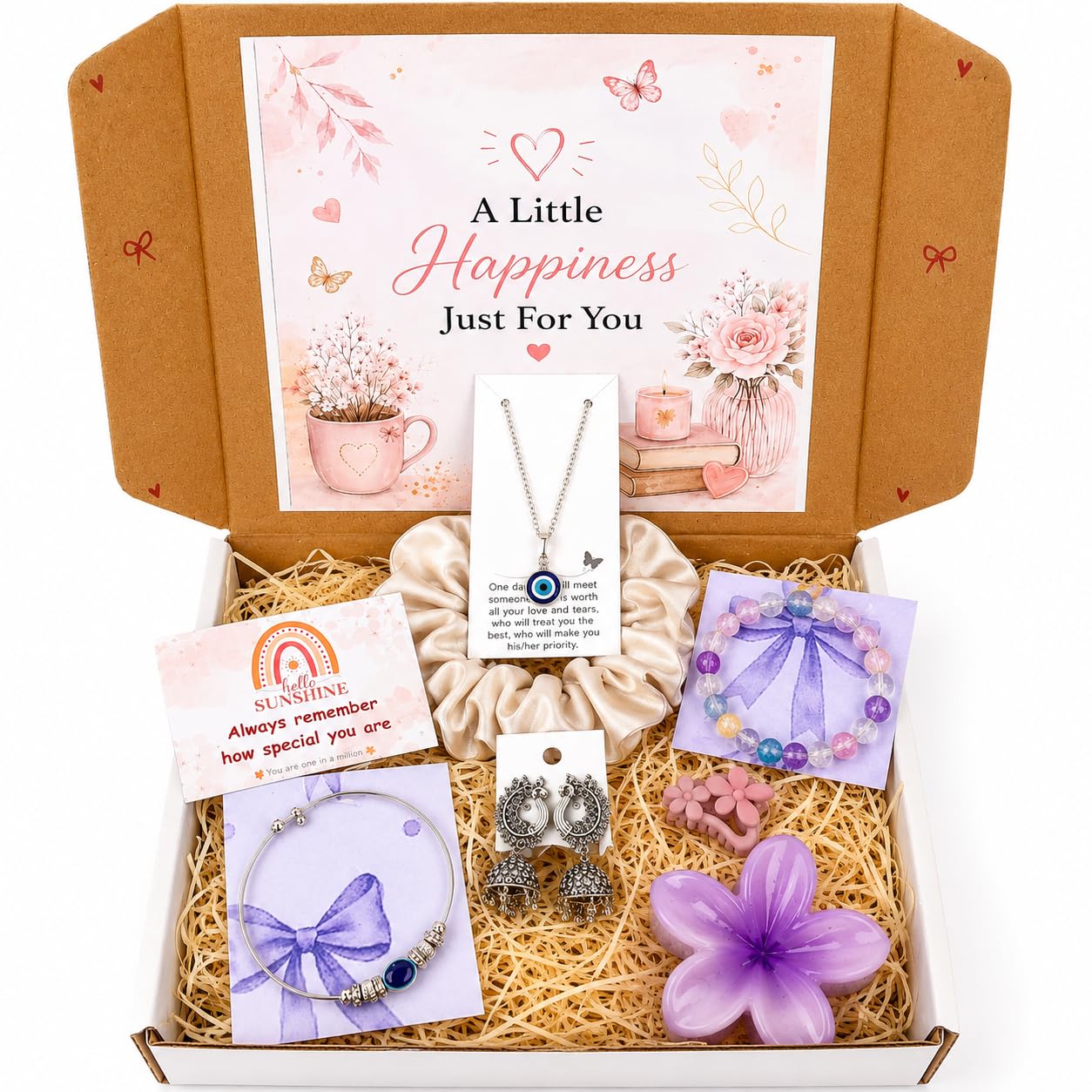 Mei & More Birthday Gift Combo Set for Girls & Women, 6-Piece Combo with Handmade Satin Scrunchies, Charm Bracelet, Heart Pendant, Hair Tie and Birthday Card, Multicolour, (Count 1)-image-42