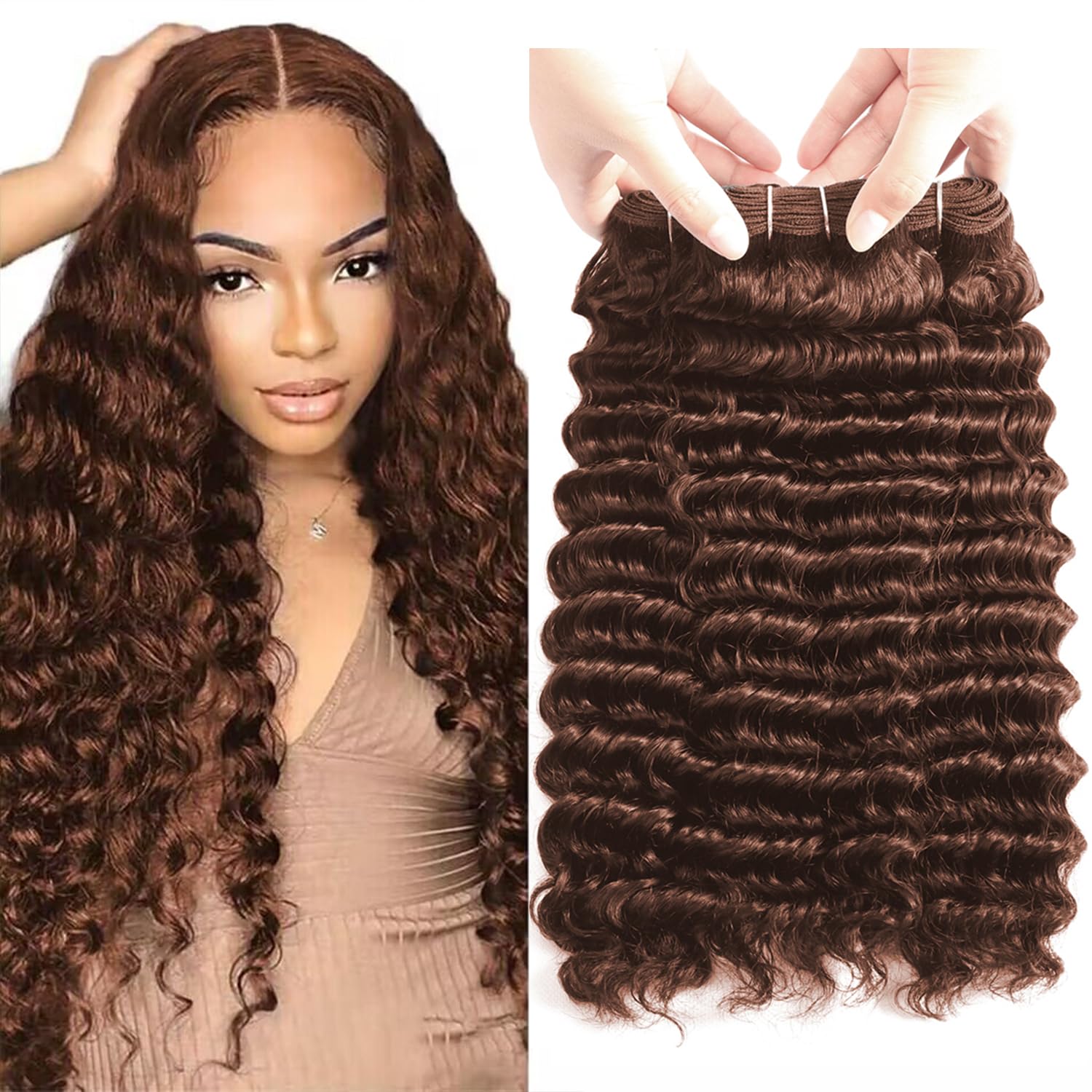 LUXEDIVA Deep Wave Bundles Human Hair 18 20 22 Inch Human Hair Bundles 12A Chocolate Brown Brazilian Virgin Hair 3 Bundles Deal Curly