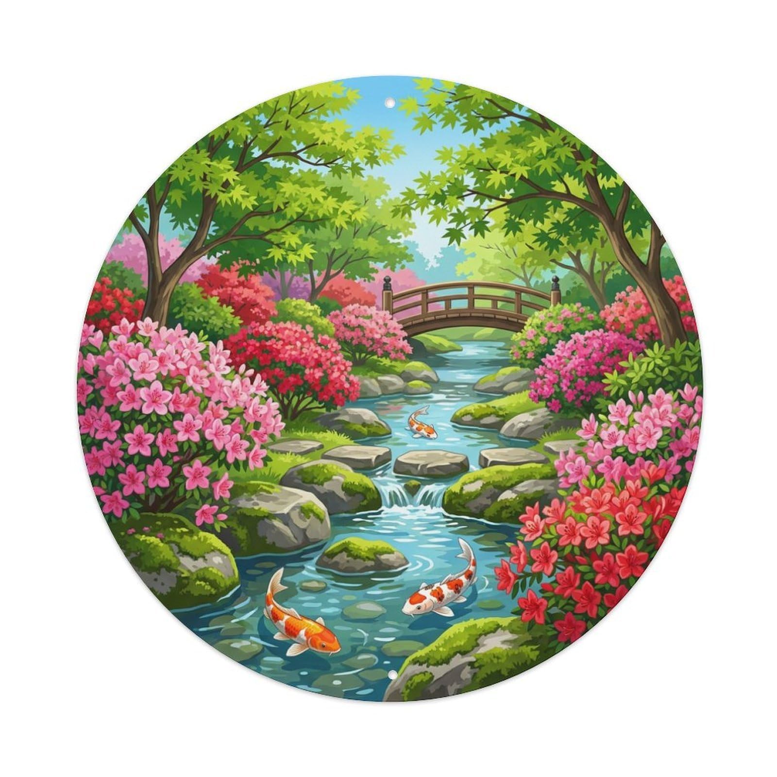 Galvaxio Style Japanese Azalea Garden Koi Fish Vibrant Bloom Metal Tin Sign