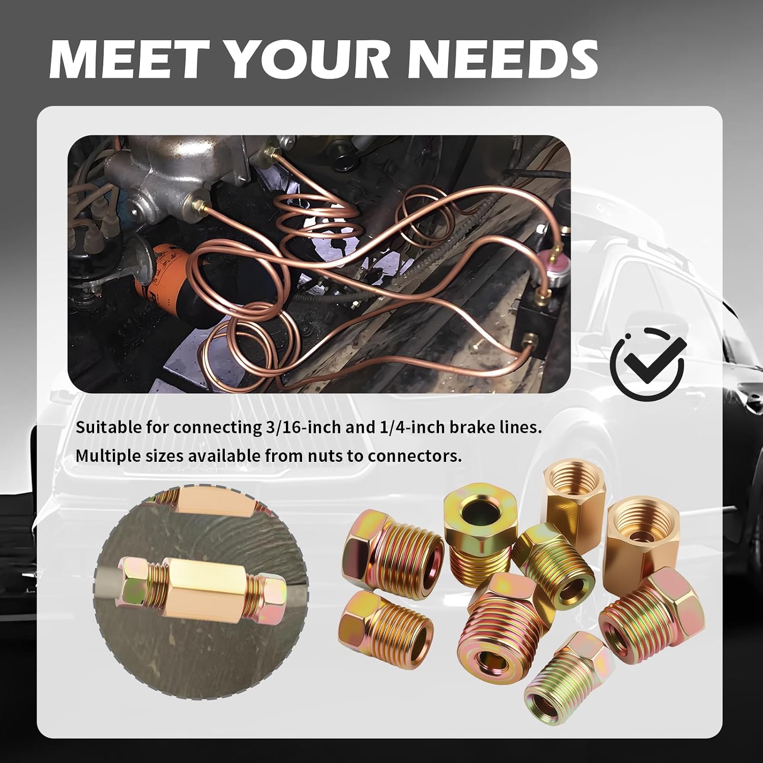 100PCS Brake Line Fittings,Durable Brake Line Kit Assortment for 42PCS 1/4" & 58PCS 3/16" Inverted Pipe Nut and Connection,Brakes Lines Fitting Kit for Cars,SUVs,Trucks