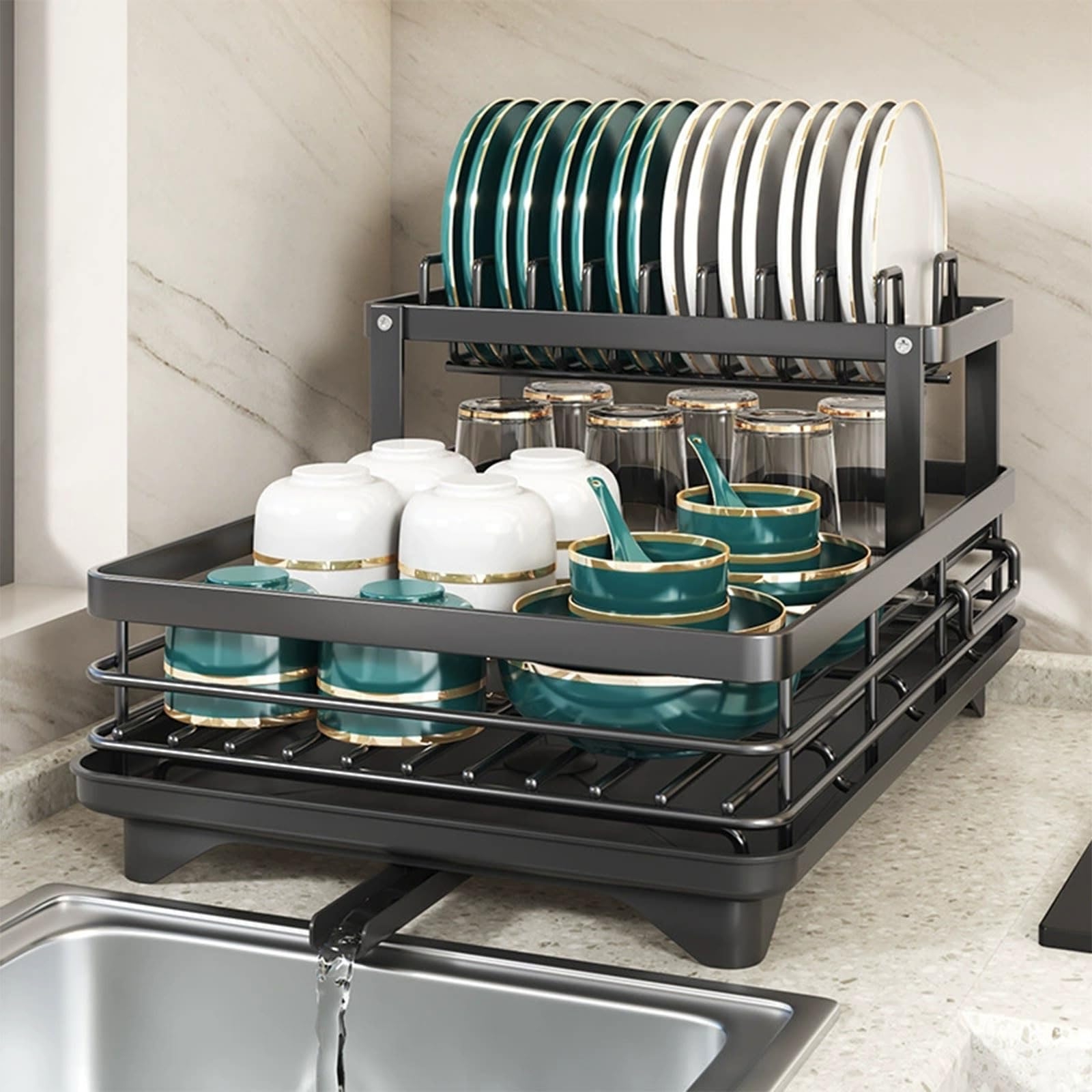 CAFIEDR Multi-Functional Dish Drying Rack, Adjustable Dish Drying Rack With Built-In Drainage System Space-Saving Utensil And Dish Organizer For Kitchen.