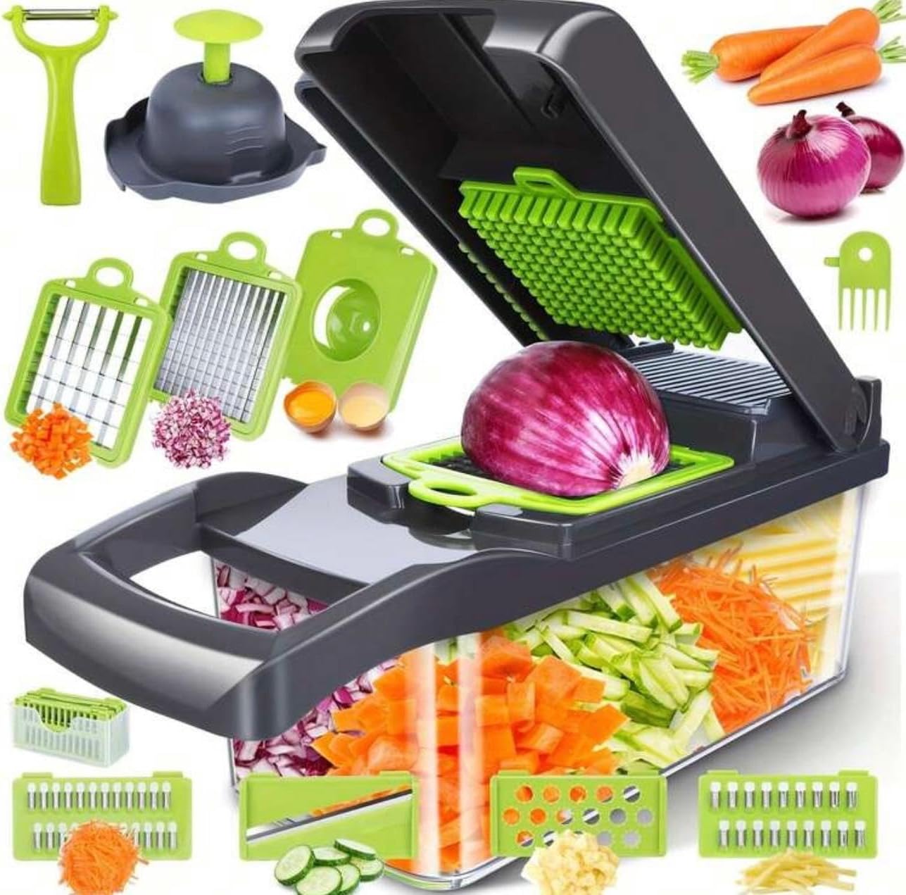 Vegetable Chopper with Container, Multifunctional Mandoline Slicer, 8 Interchangeable Stainless Steel Blades, Onion Chopper with Peeler, Black and Green