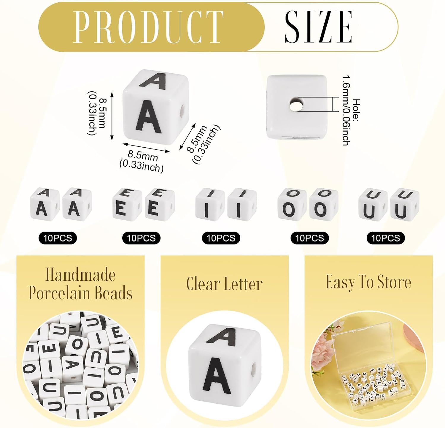 FASHEWELRY 50Pcs Ceramic Vowel Letter Beads for Bracelets, Cube Porcelain Alphabet Spacer Beads Initial AEIOU Focal Bead for Jewelry Making Earring Necklace DIY Craft image 5