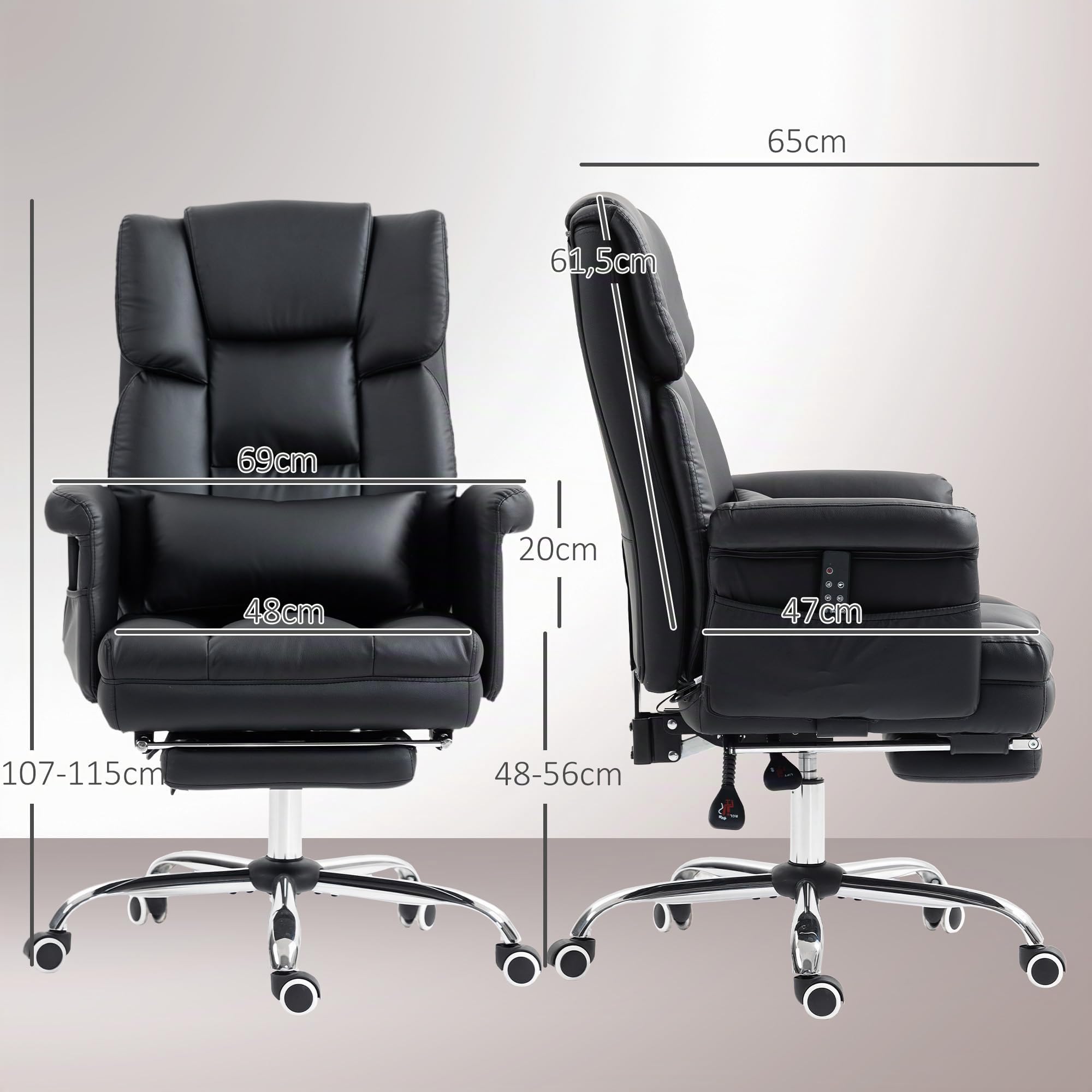 HOMCOM Silla de Oficina de PU 6 Puntos de Masaje Vibratorio Negro | Silla de Escritorio Giratoria Ergonómica, Reposapiés Retráctil, Altura Ajustable, Control Remoto, Soporte Lumbar