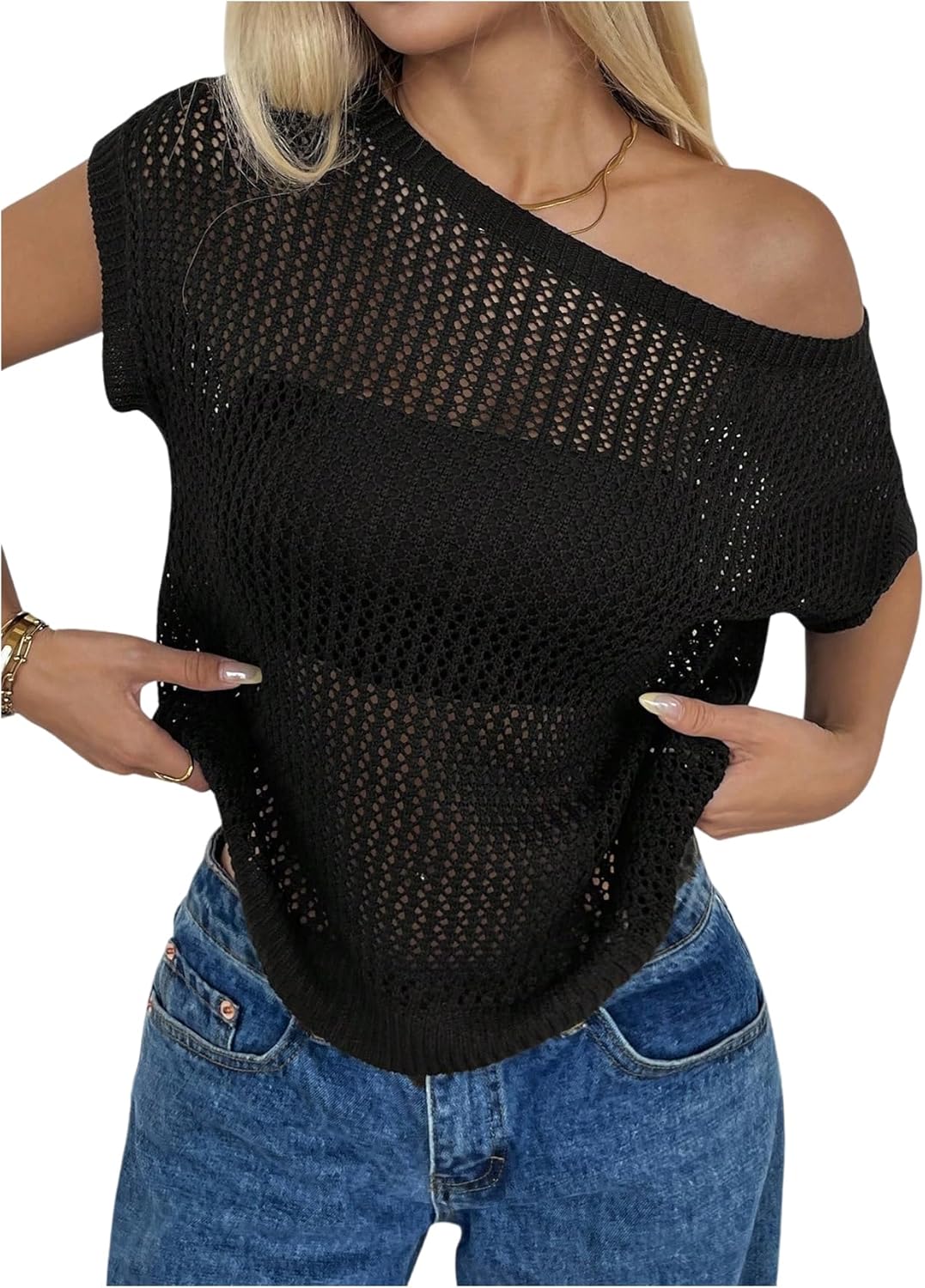 WDIRARA Women's Hollow Out Crochet Off The Shoulder Sweater Short Sleeve Pullover Knit Tops