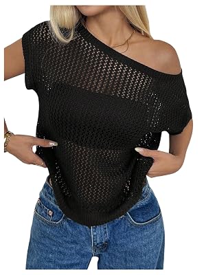 WDIRARA Womens Hollow Out Crochet Off The Shoulder Sweater Short Sleeve Pullover Knit Tops