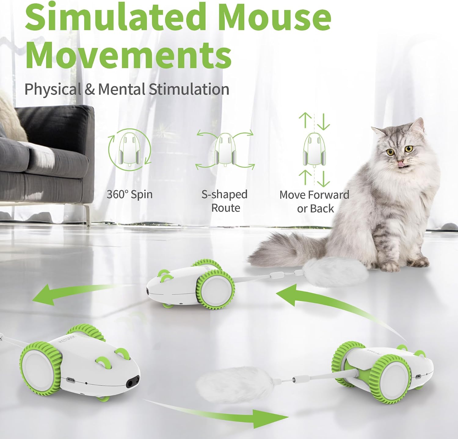 PETGEEK Automatic Cat Mouse Toys Interactive Cat Toys for Indoor Cats, Smart Sensing Moving Electric Cat Toys with Catnip Wand, USB Rechargeable Remote Control Squeaky Mouse Cat Toy, 3 Catnip Tails image 2