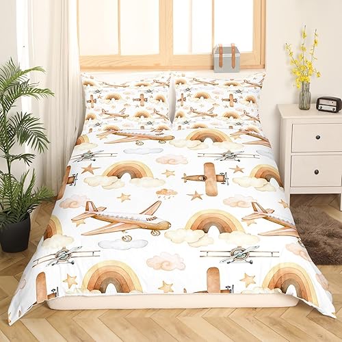 Vista 8 de Erosebridal Funda de edredón de avión de dibujos animados, tamaño matrimonial, juego de ropa de cama de aviones para niños, lindo amarillo, verde