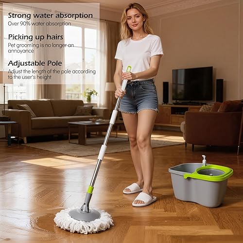 Miniatura 7 de MASTERTOP Trapeador y cubo con juego de escurridor, sistema de limpieza de trapeador giratorio pequeño con 3 almohadillas para trapeador, cubo