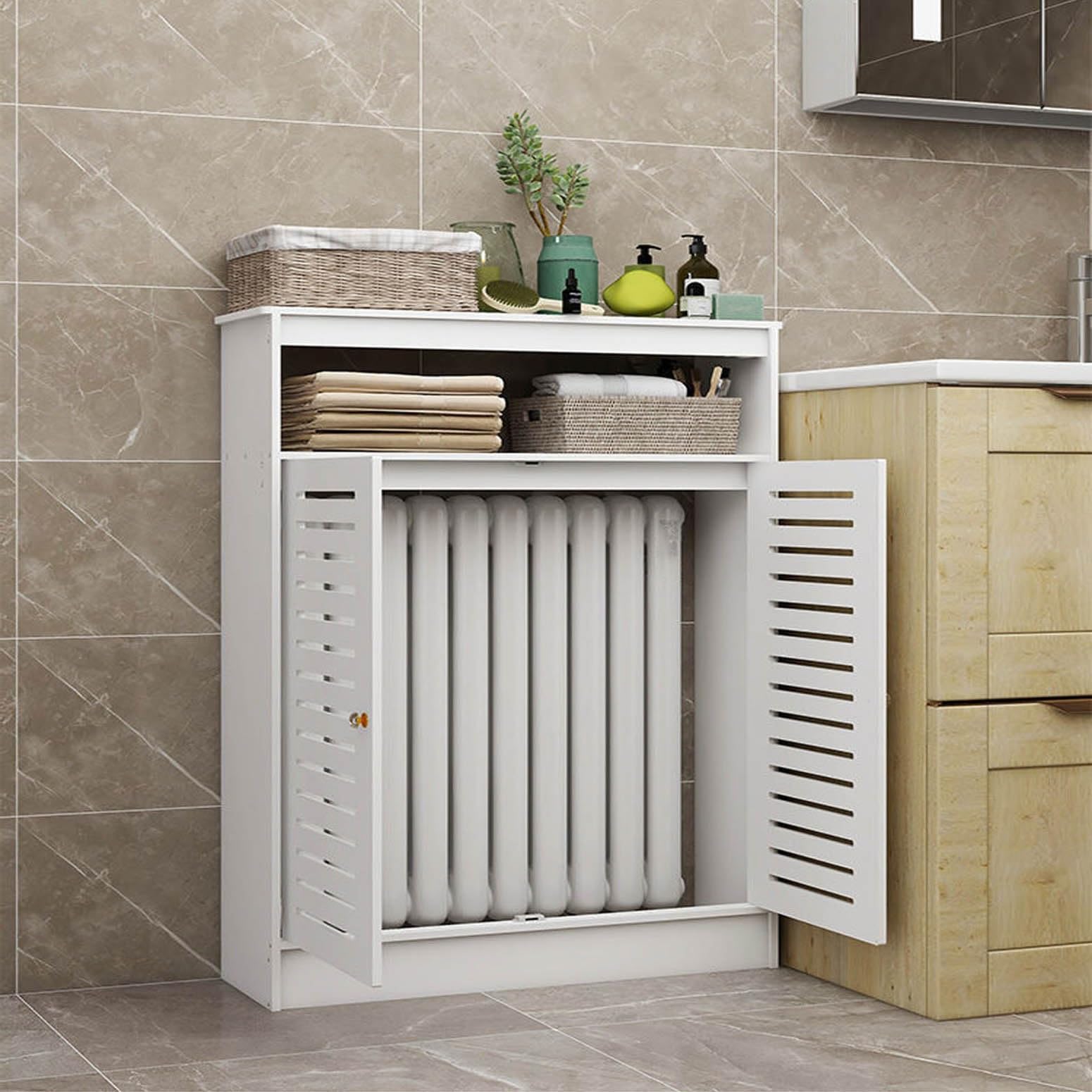 Heizkörperverkleidung 50 60 70 80 90 100 cm Breit Heizkörper Heizkörper Abdeckungsregal Weiß Schrank Heizungsverkleidung Dekoschrank Für Wohnraum Bad 2 Türen Heizkörperverkleidung(L80xH90x25cm)
