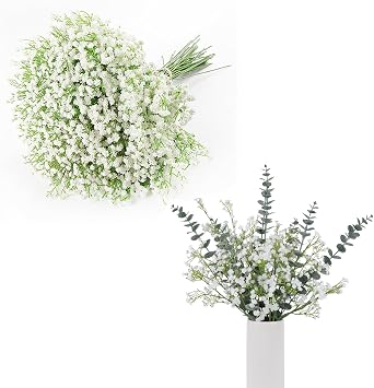 White Babys Breath Artificial Flowers & Faux Stems Leaves Eucalyptus Stems Decor