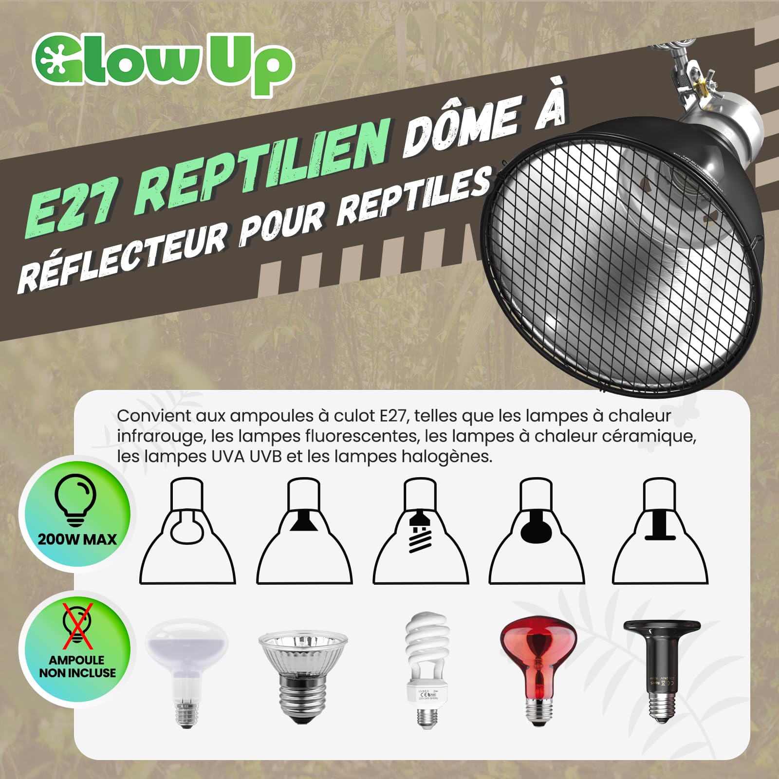 GlowUp Lampe Chauffante Dôme Réflecteur, 5.5 Pouces E27 160W Lampe Chauffante Terrarium Support de Lampe à Réflecteur pour Ampoule UVA UVB