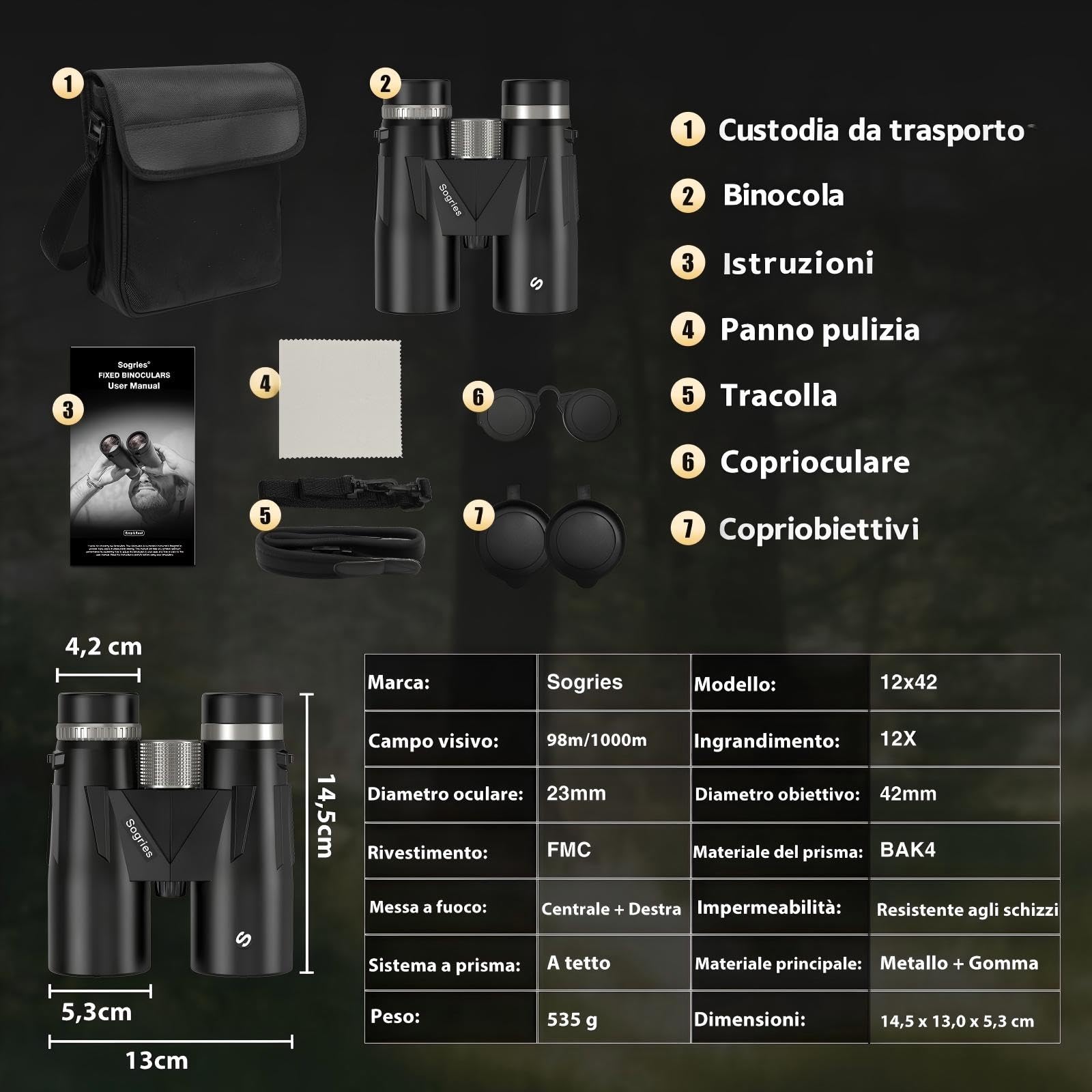 Binocolo 12x42 Professionale BAK4 Alta Definizione con Smartphone e Treppiede, Impermeabile per Birdwatching, Caccia e Escursionismo | BAK4, FMC, impermeabile, a prova di nebbia, ad alta potenza, per bird watching, escursionismo, viaggi