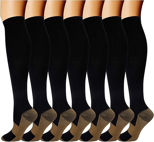 Double Couple 7 pares de calcetines de compresión de cobre para hombres y mujeres 20-30 mmHg medias altas hasta la rodilla