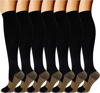 7 Pairs Copper Compression Socks for Men and Women, 20-30 mmHg, Knee High