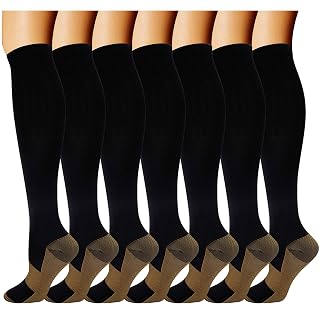 Double Couple 7 Pairs Copper Compression Socks for Men Women 20-30 mmHg Knee High Stockings Best Support for Sports - Amazon product rated Grade A