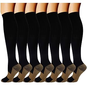 Double Couple 7 Pairs Copper Compression Socks for Men Women 20-30 mmHg Knee High Stockings
