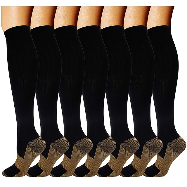 Double Couple 7 Pairs Copper Compression Socks for Men Women 20-30 mmHg Knee High Stockings
