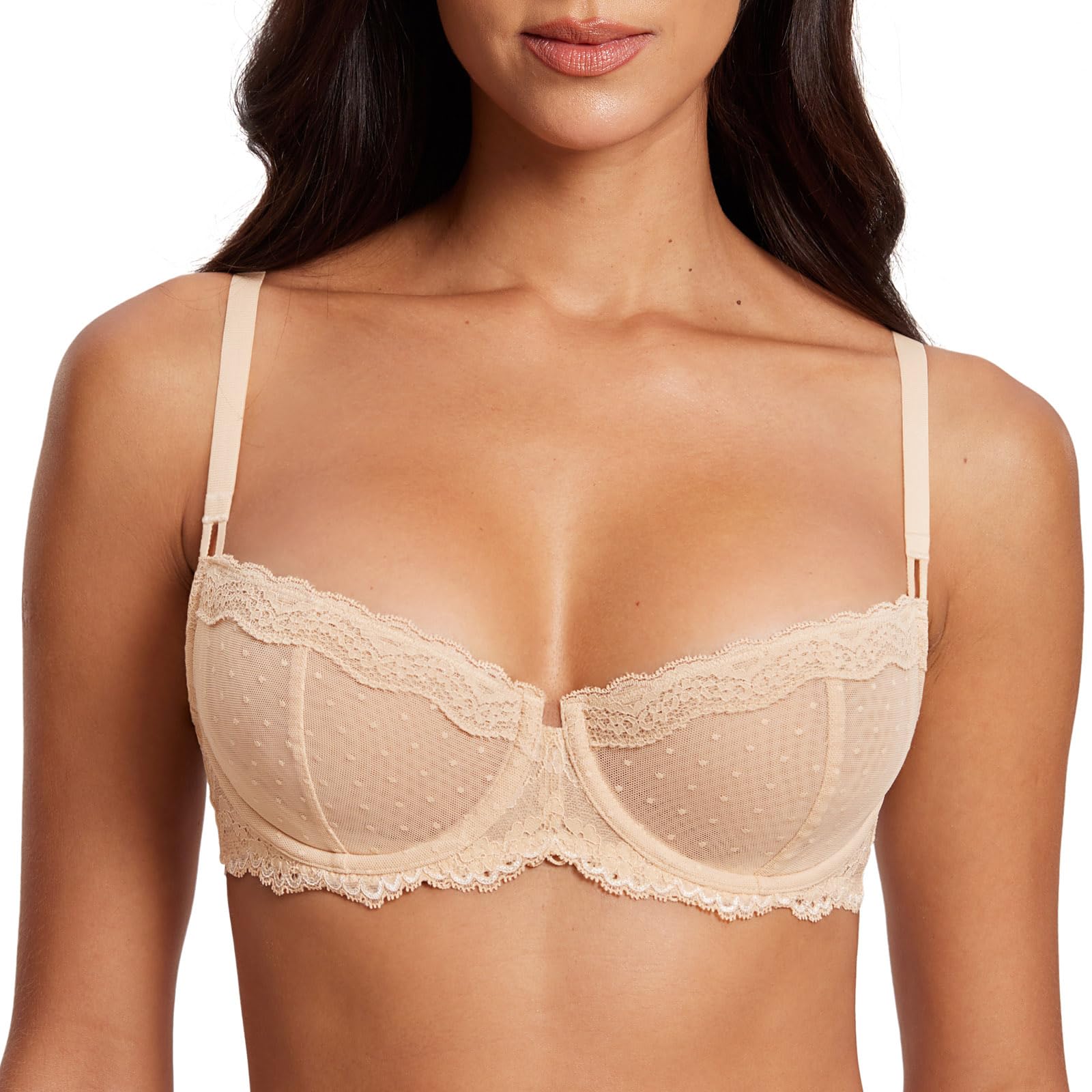 DOBREVA Women's Sexy Lace Bra Underwire Balconette Unlined Demi Sheer Plus Size