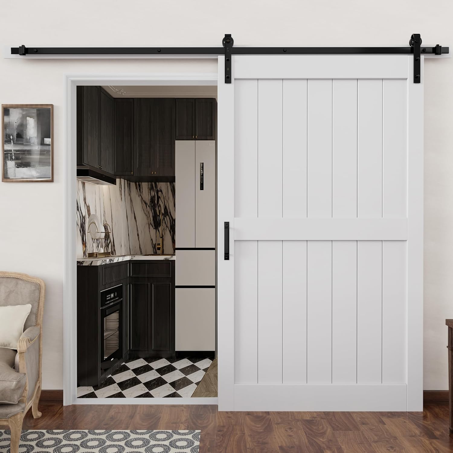48in x 84in Sliding Barn Door with Hardware Kit Included 8FT Track - White Modern Barn Door, Easy to Clean, Simple DIY Assembly, H-Frame