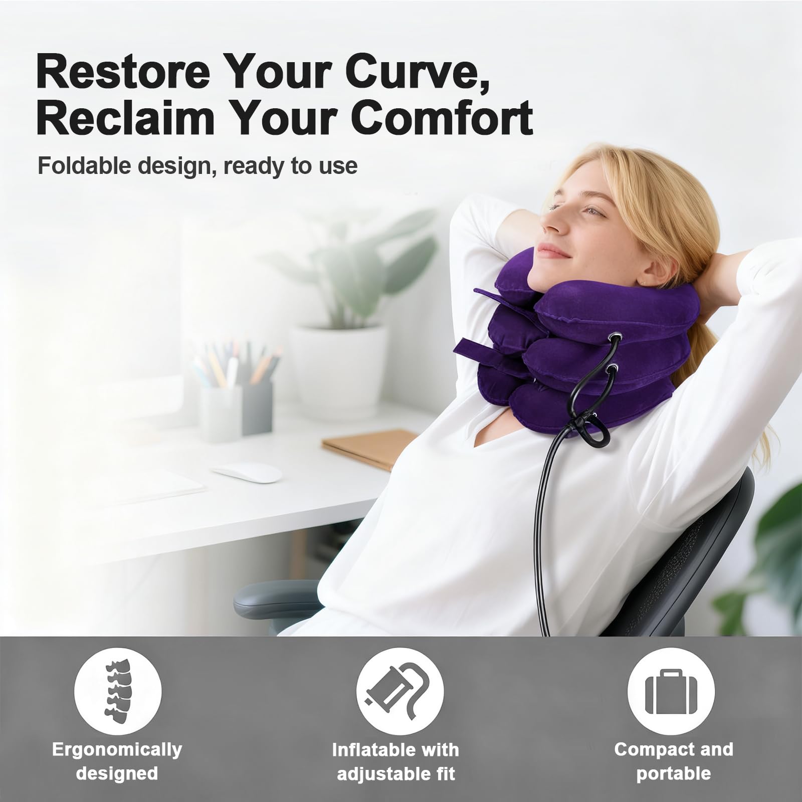 Minerve Cervicale Gonflable (Violet) Collier à Air Adjustable Douleurs Cervicales & Posture, Décompression Vertébrale Domicile`