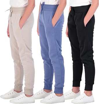 Real Essentials 3 Pack Girls Fleece Joggers Soft Active Performance Casual SweatpantsAges 5-14