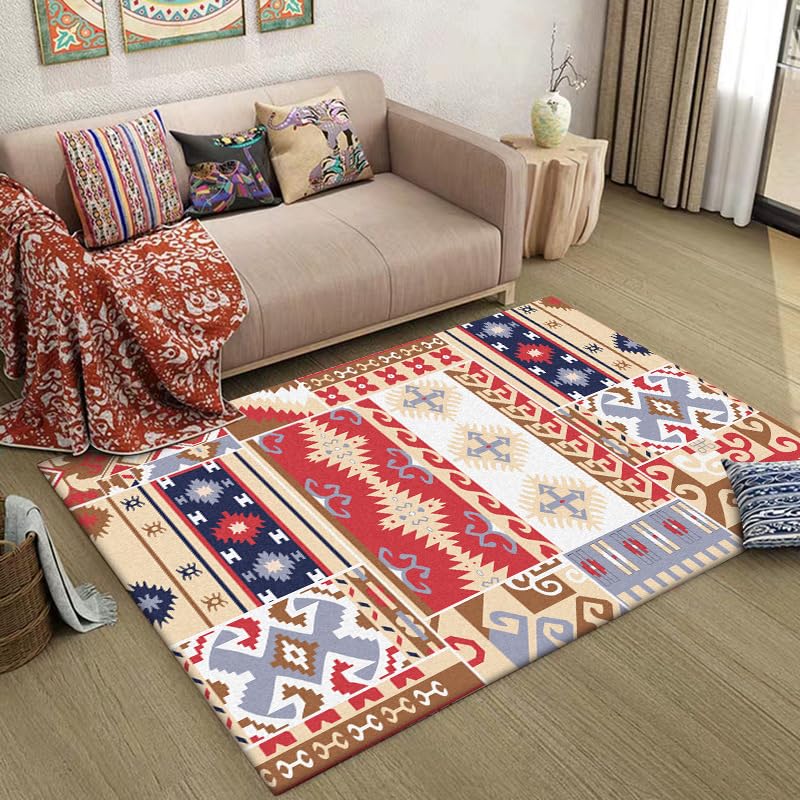 Pmnadfdag Alfombra Salón 120 x 160 cm Antideslizante Lavable Pelo Corto Suave,para Dormitorio Oficina Empalme Geométrico Estilo Étnico Rojo.