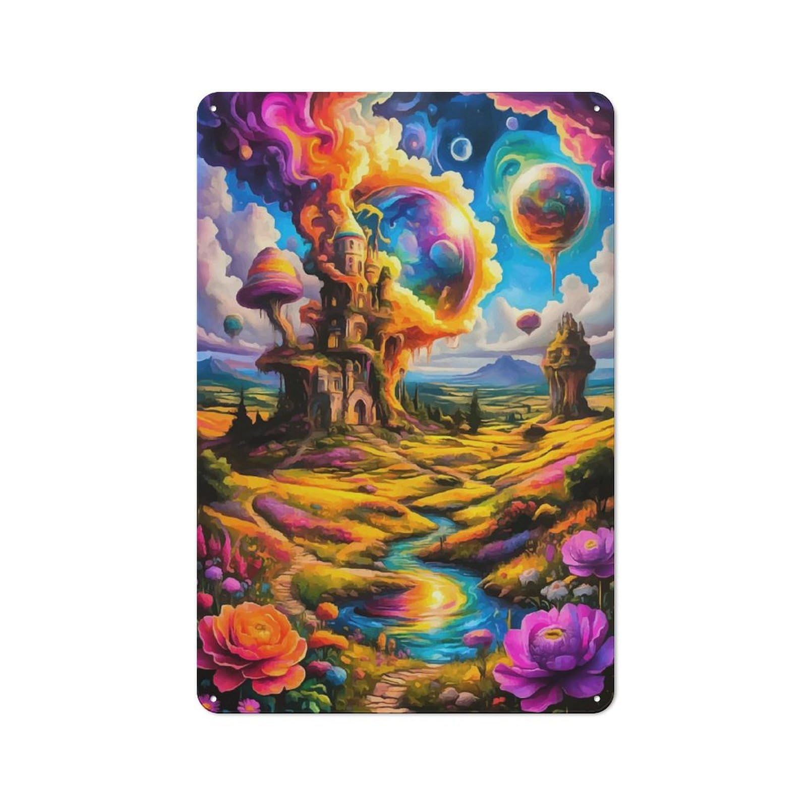 Junmoney Fantasy Landscape With Castle Vintage Tin Sign 30X20cm With For Workshop Wall, For Makers And Diy Enthusiasts, For Retro Home Interiors