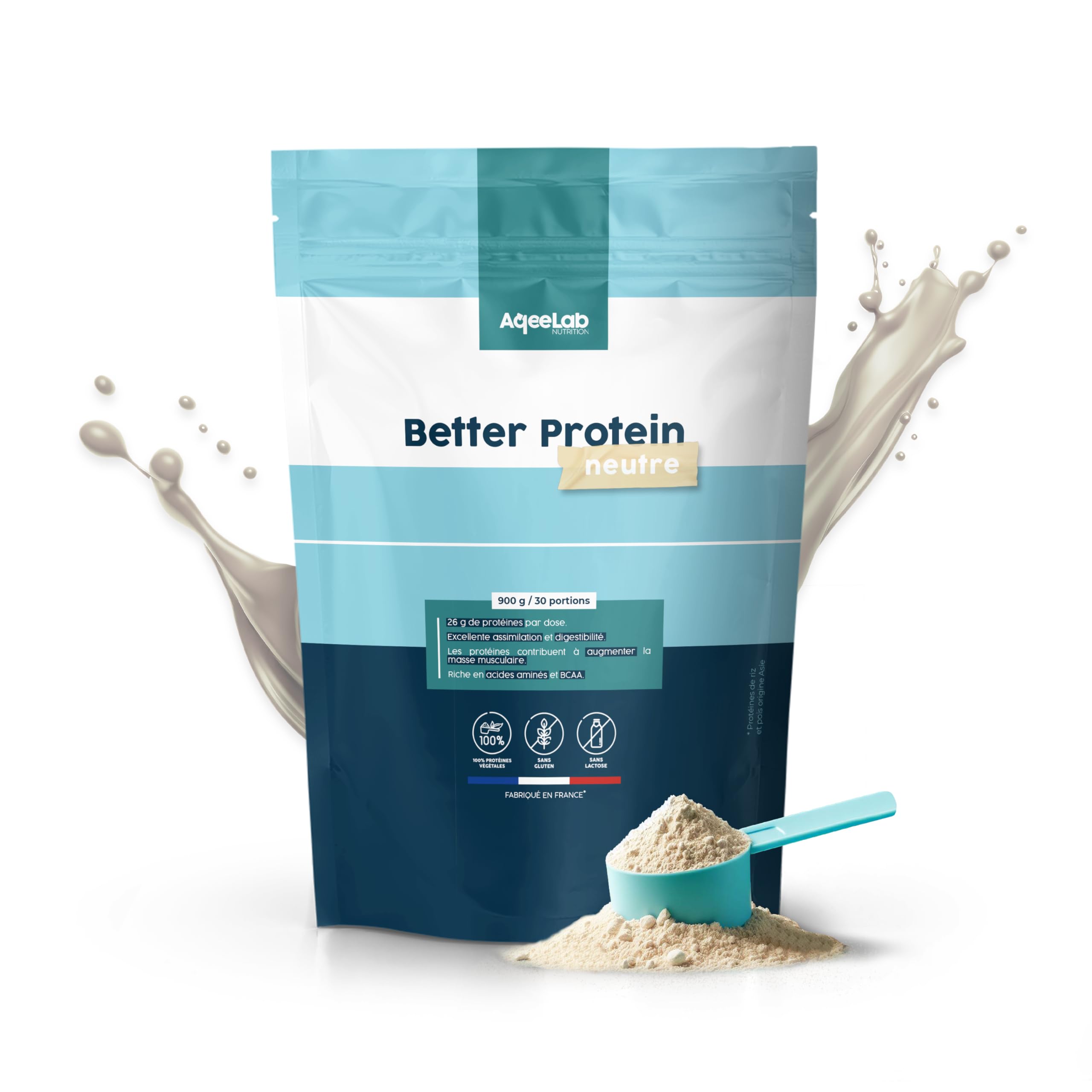 Whey Vegan • Saveur Neutre 900 g • Better Protein • 100% Végétales : assimilation & digestion maximales • Meilleur apport en Protéine • Testé en laboratoire • Made in FR • Eco-responsable • Aqeelab