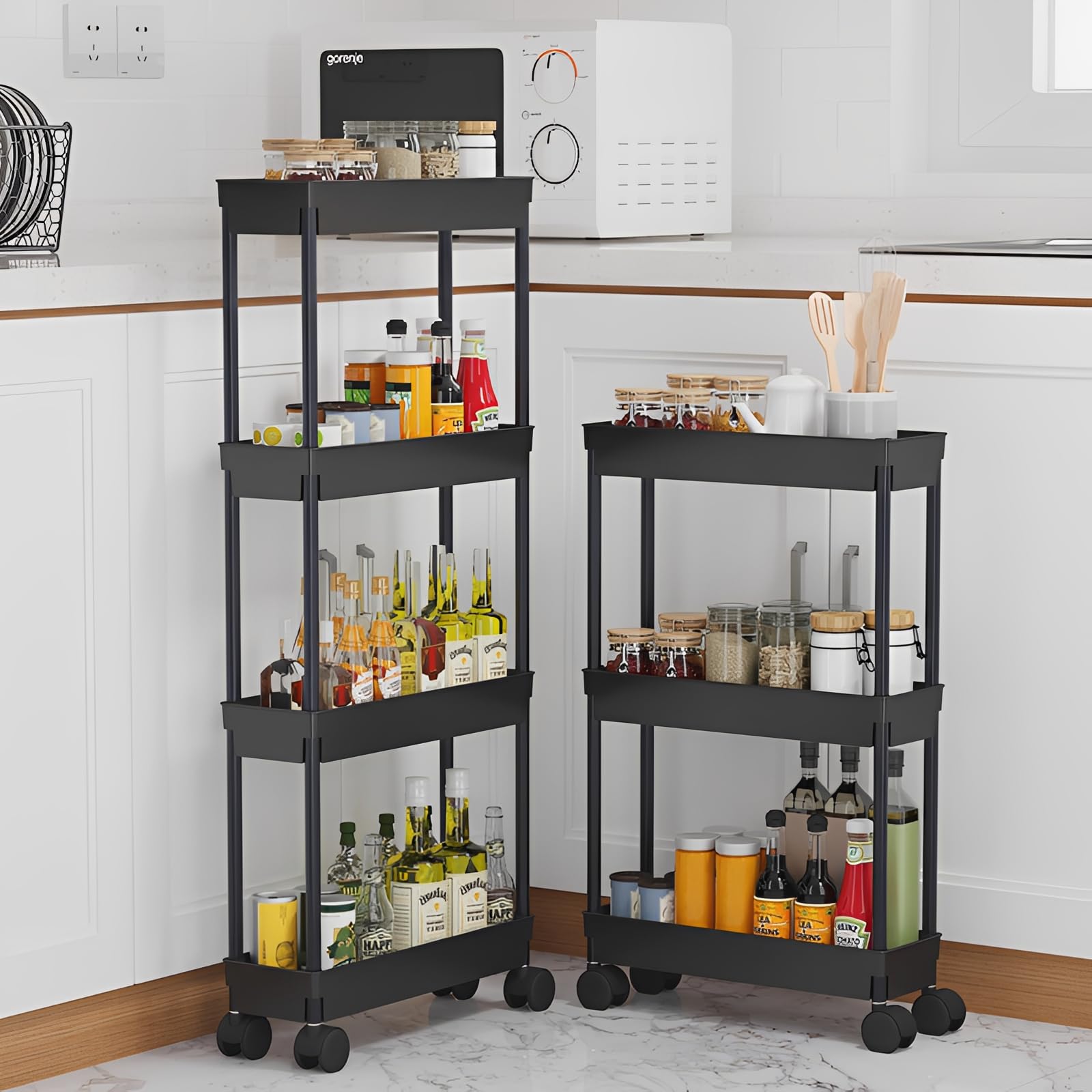 Sooyee, Carrito de almacenamiento rodante delgado de 4 niveles, estante estrecho, organizador de estantería móvil para cocina, baño, lavandería, Negro