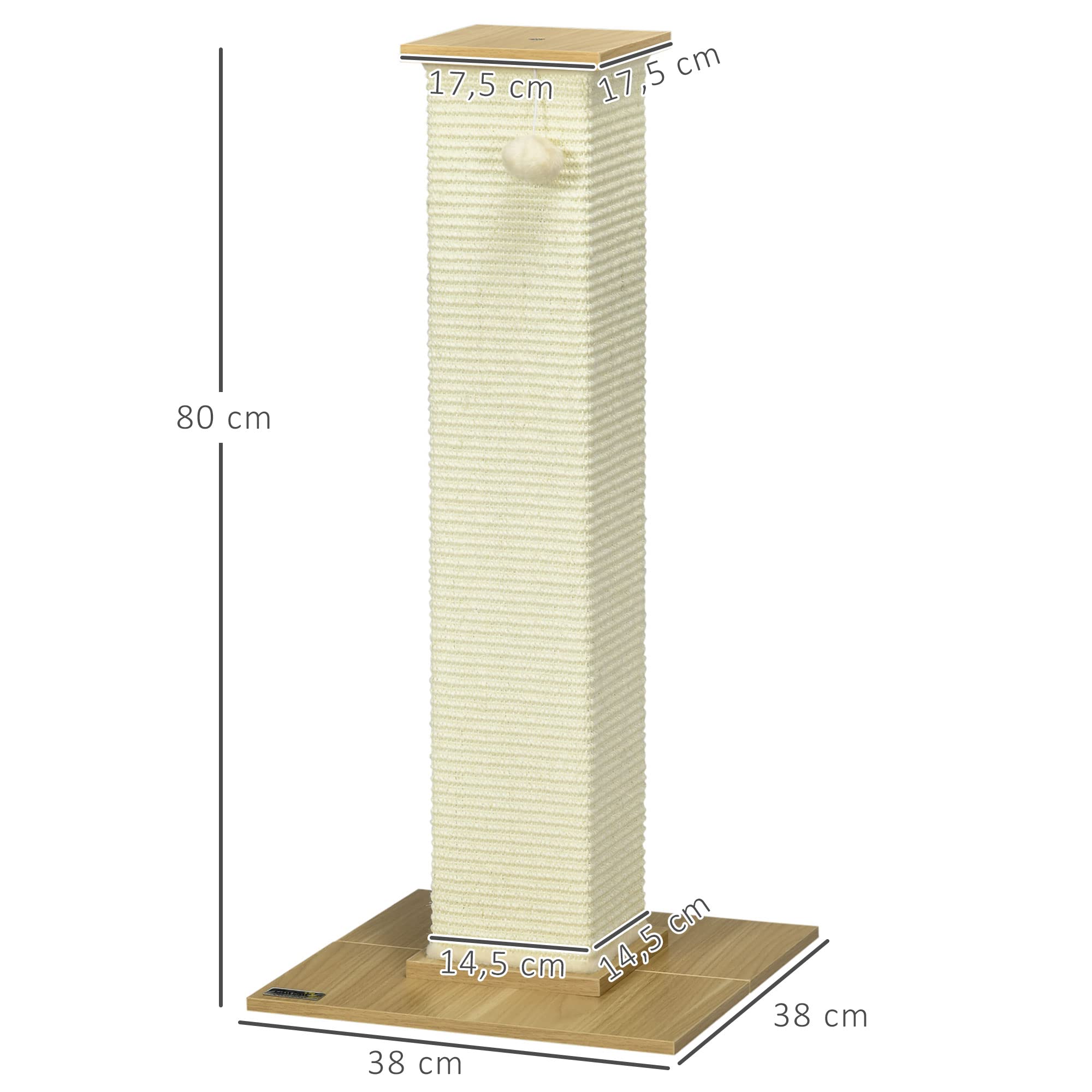 PawHut Kratzsäule 80 cm hoch für Katzen bis 5 kg Sisalseil Eiche+Cremeweiß | Kratzstamm, Kratzbaum, Spielball, Kratzbrett
