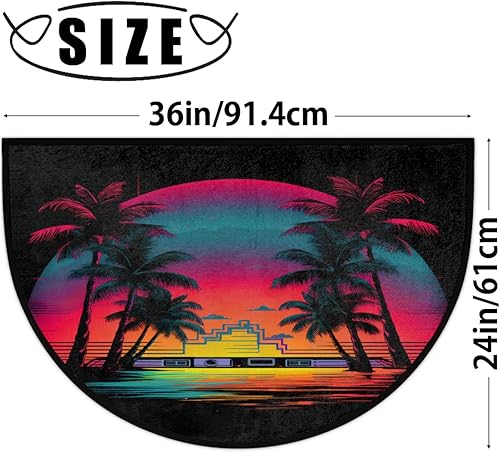 Miniatura 2 de Synthwave - Tapete semicircular para puerta, antifatiga con palmera, antideslizante, tapete de baño semicircular, tapete de cocina suave y