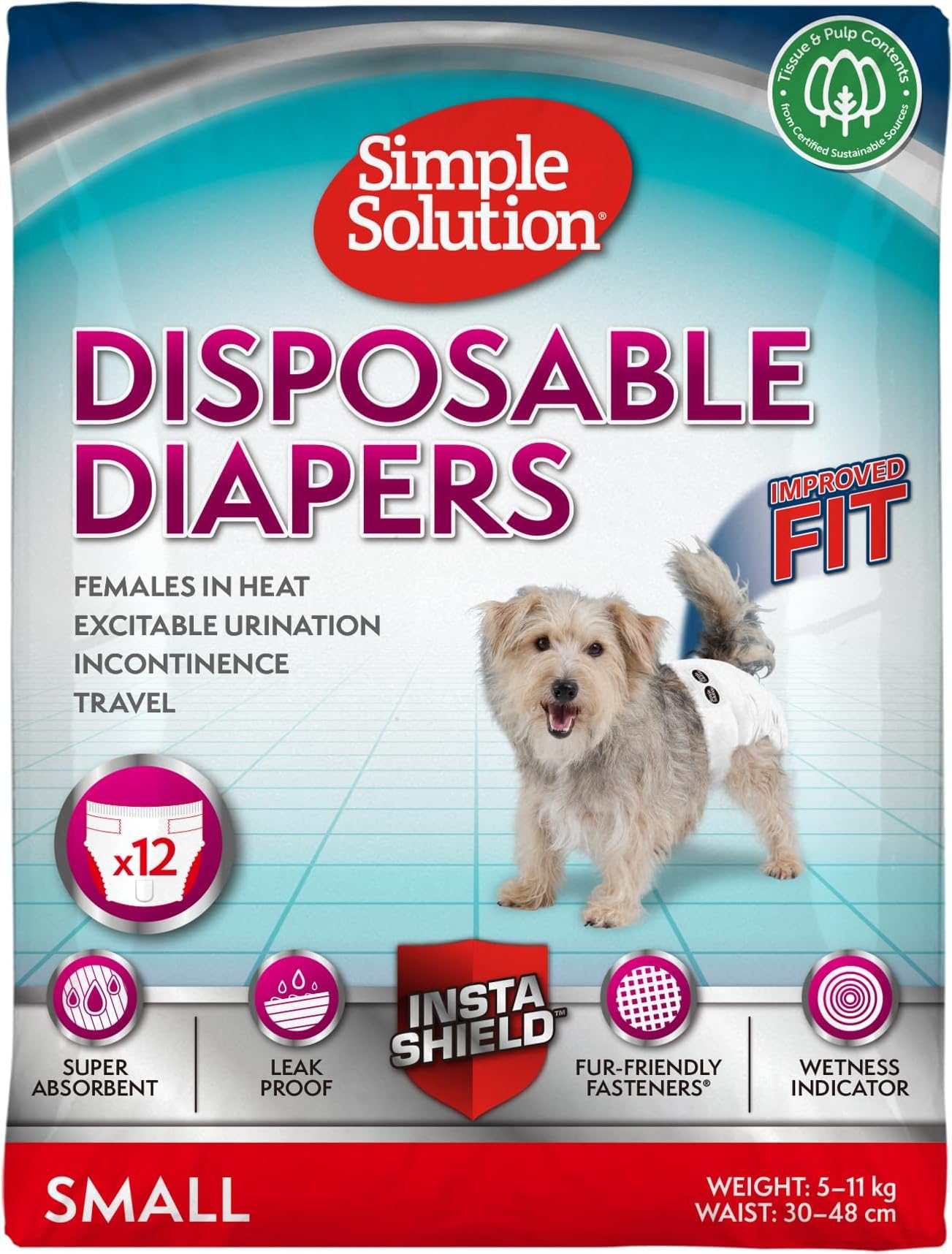 Simple Solution Pañales Desechables para Perros Hembra, Ajuste Super Absorbente a Prueba de Fugas, Indicador de Humedad 12 paquetes (Paquete de 5)