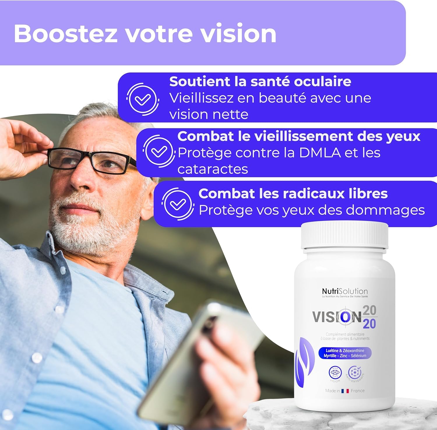 Vision 20/20 : Complément Naturel pour la Santé des Yeux à Base de Myrtille, Lutéine et Zéaxanthine - Favorise une Vision Claire - 30 gélules véganes - Fabriqué en France par NutriSolution (1)
