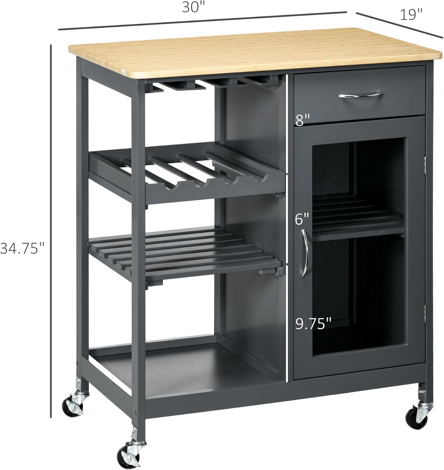 Rolling Kitchen Island with Storage,Kitchen Cart with 4-Bottle Wine Rack,Bar Cart with Stemware Holder,Shelves,Drawer and Cabinet,Gray