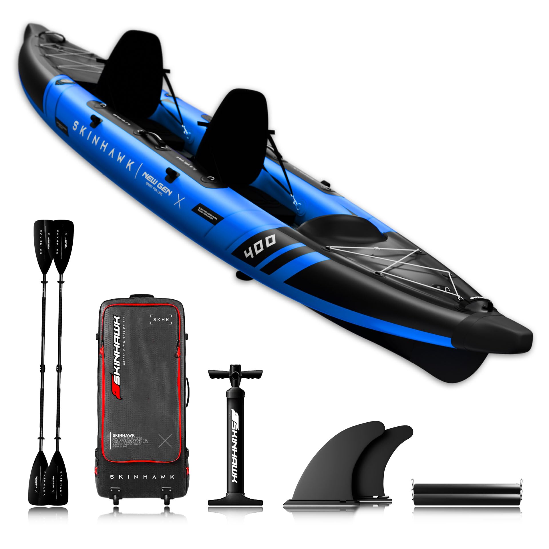 SKINHAWK Prestige Blau Kajak Set 400 – Schlauchboot – Kanu - 400 x 96 cm - 2 Personen Kajak