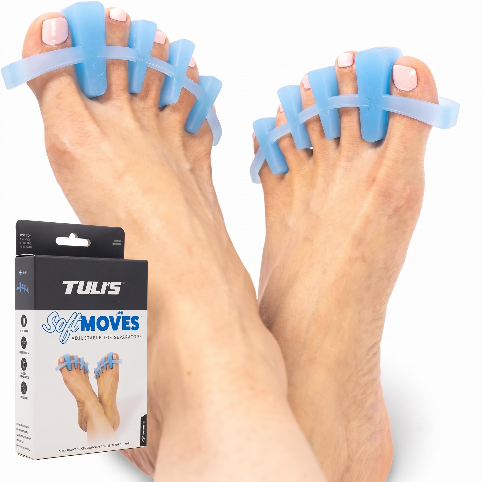 Tuli's Soft Moves – Séparateurs d'Orteils Réglables en Silicone Souple – Alignement, Oignons, Orteils en Marteau, Fasciite Plantaire et Névrome de Morton – Taille Unique, Bleu