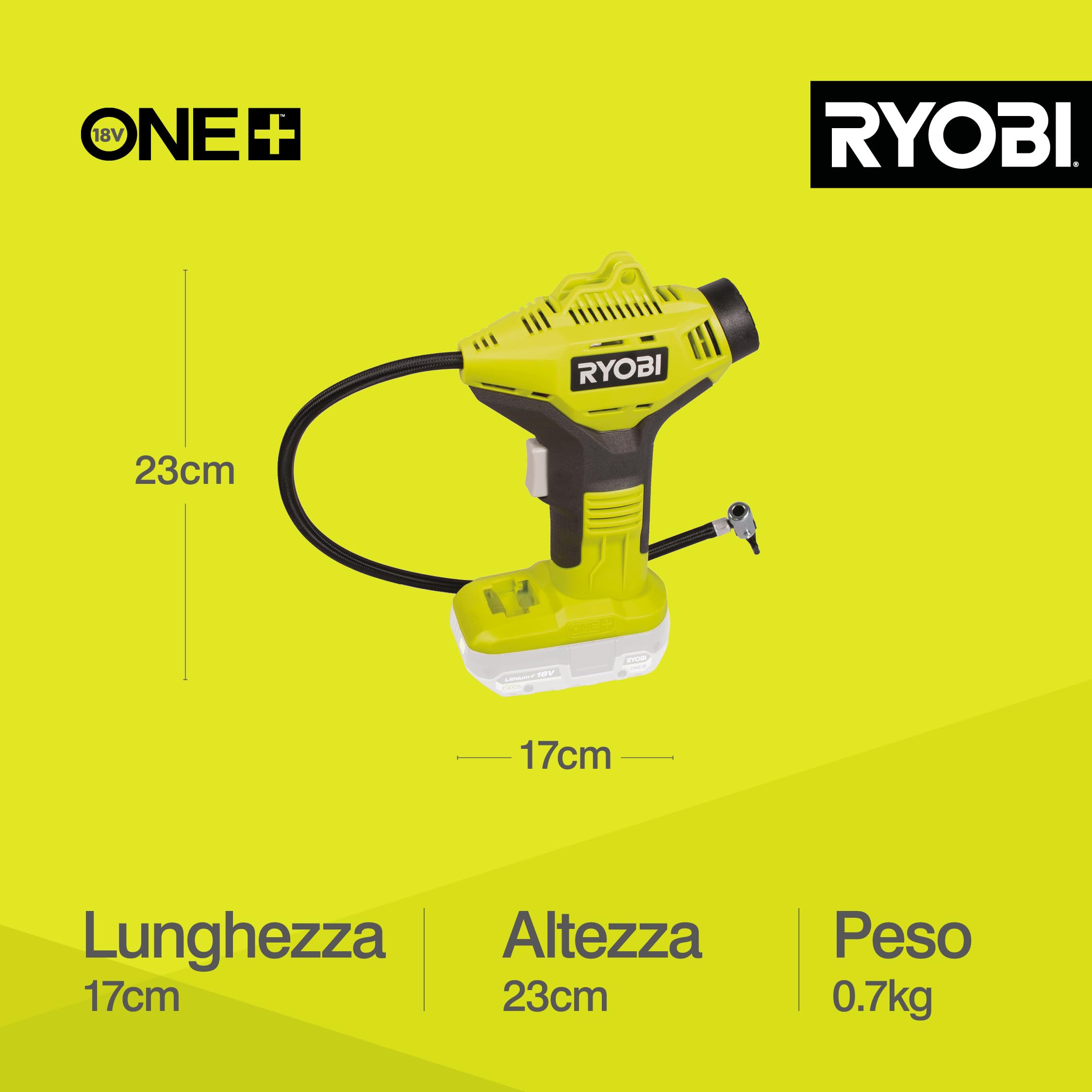 Ryobi Compressore Compatto a Batteria 18V ONE+ fino a 10,3 Bar, con Manometro Integrato, Tubo 50 cm e Accessori Inclusi per Pneumatici, Bici e Palloni, Batteria Non Inclusa, R18PI-0
