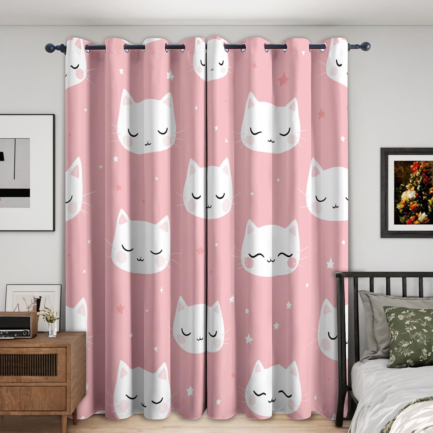 Pink Cartoon Cat Blackout Curtains, 108 Drop, Cute Kawaii Girls Printed Curtains for Living Room, Bedroom, Eyelet Drapes for Window Home Decor, 90x108 Inch 2 Panels K0A1-45