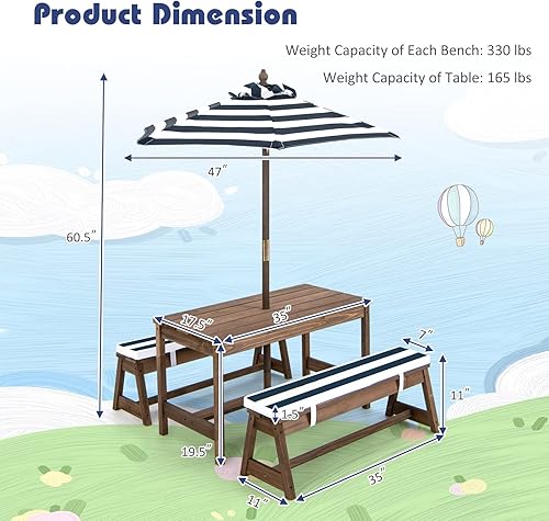 Miniatura 6 de KOTEK Mesa de picnic para niños con paraguas plegable, juego de mesa y banco de madera para patio trasero con cojines extraíbles, mesa de juego de
