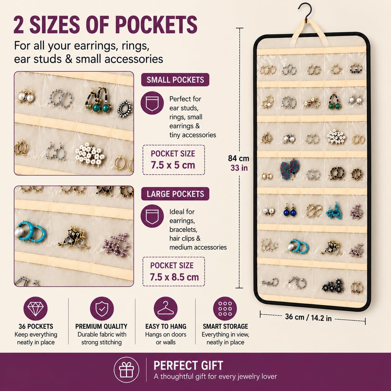 Hanging Jewelry Organizer 34.7 x 17.2 inches XL Size with Clear Pockets & Hooks – Double-Sided Necklace, Earrings & Rings Storage Holder – Space-Saving Closet Organizer for Women image 5