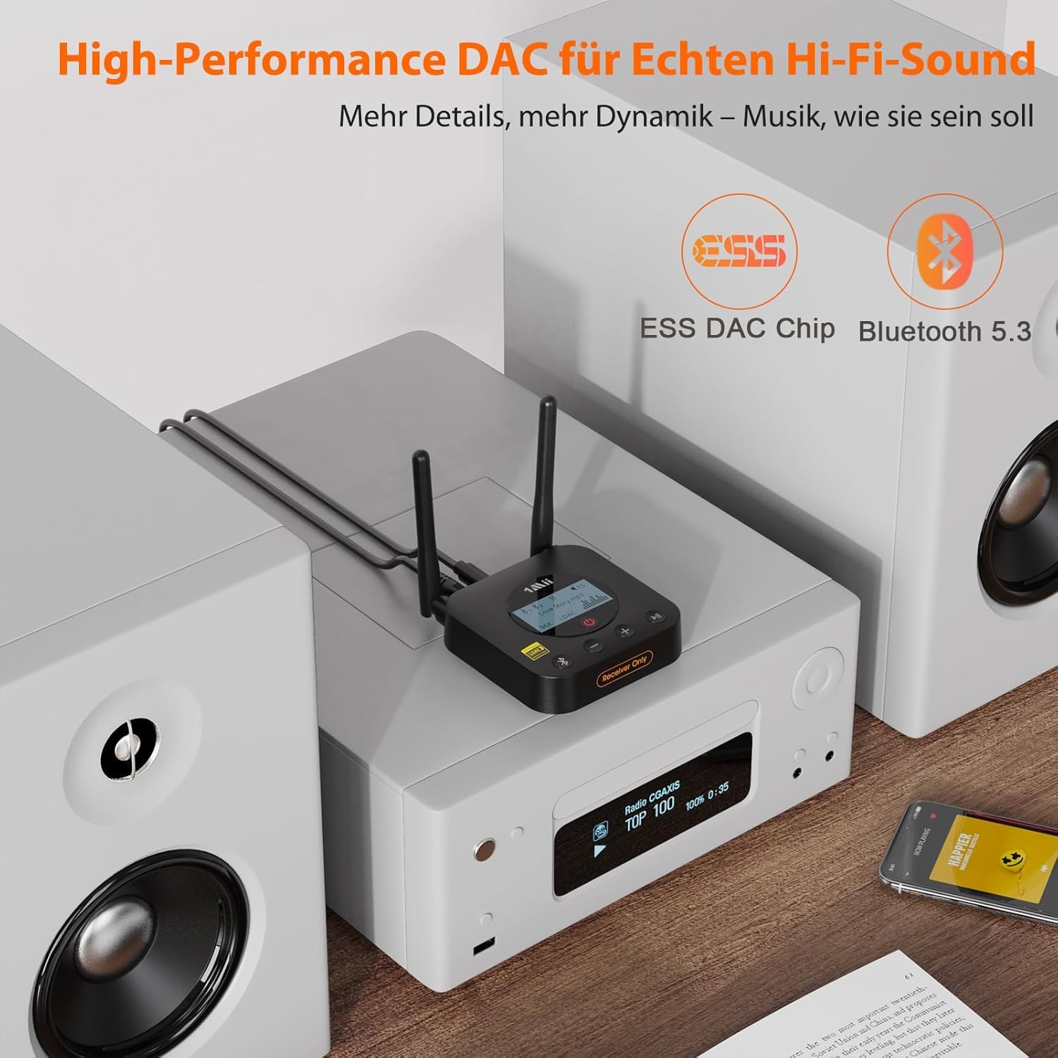 1Mii B06Pro+ Bluetooth 5.3 Empfänger für Stereoanlage, Kabelloser HiFi Audio Adapter mit LDAC & aptX HD, LCD Display & Lautstärkeregler, Optisch & 3,5 mm AUX für Lautsprecher