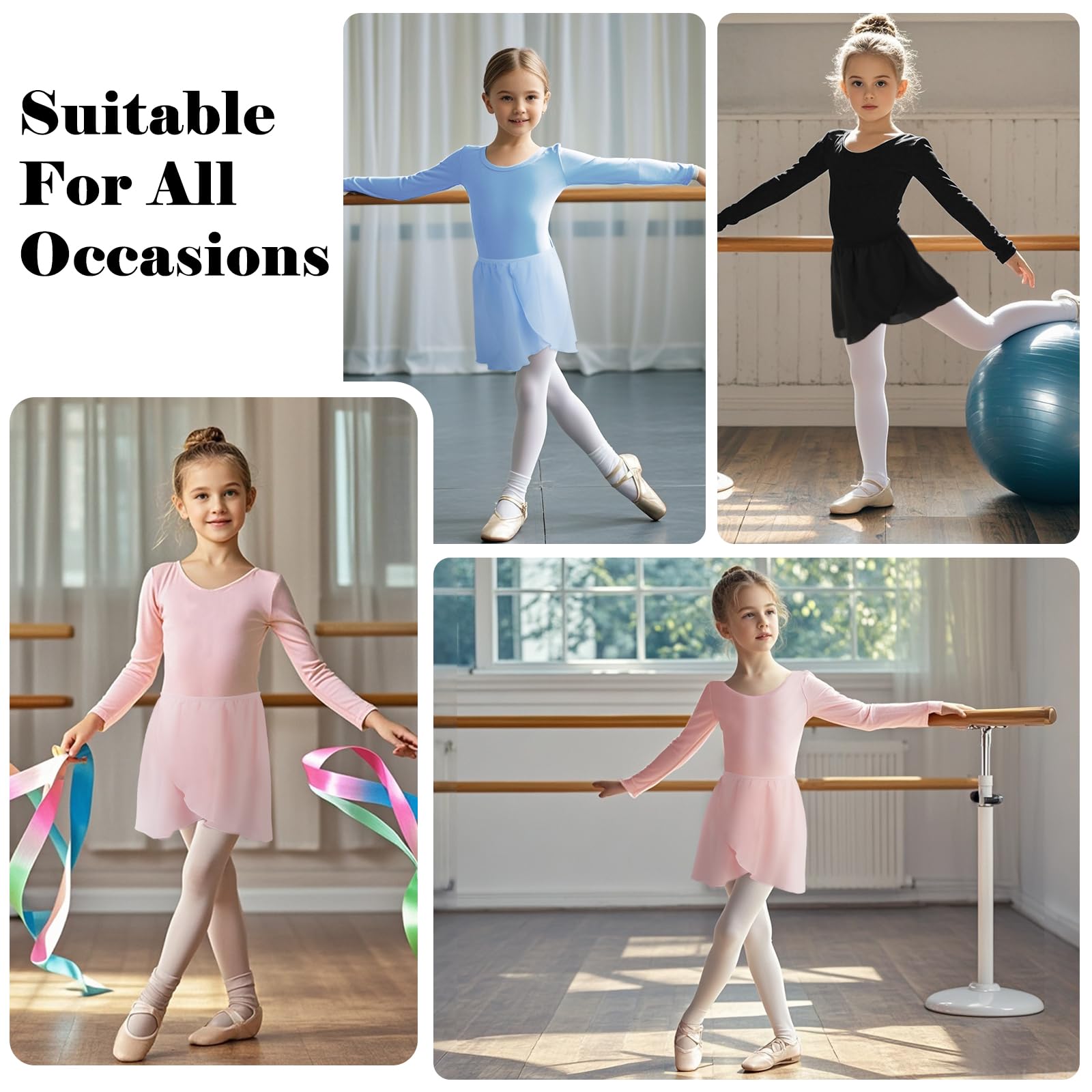 Bezioner Body Danza Classica Bambina con Gonna Rimovibile Vestito da Balletto Gonnellino Danza Manica Lunga