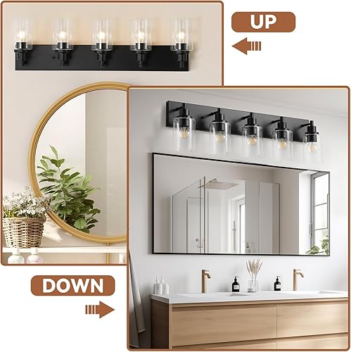 Miniatura 5 de LOUSACE Lámpara de tocador de baño de 5 luces, lámparas de baño negro mate sobre el espejo, iluminación moderna de baño con pantalla de vidrio