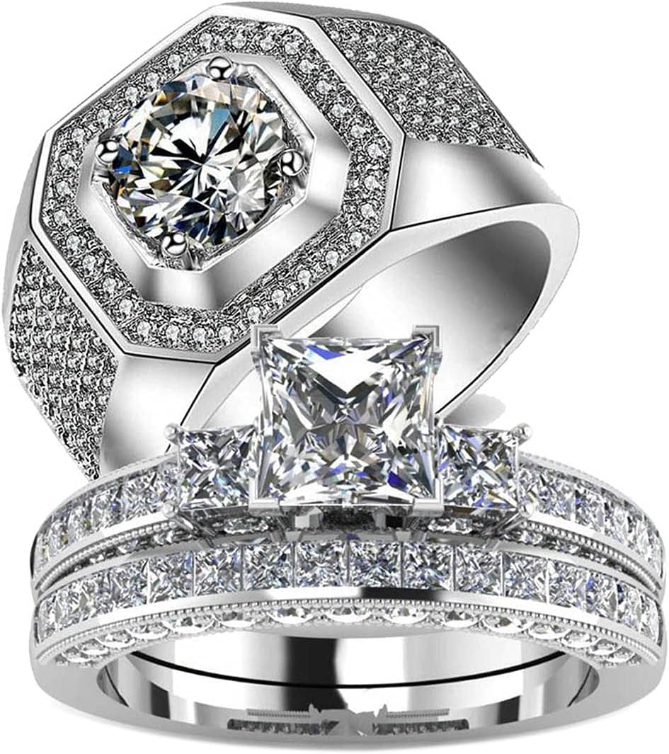 3pc His and Hers Wedding Ring Sets Couples Rings Women's White Gold Filled Cubic Zirconia Wedding Engagement Ring Bridal Sets & Men's Stainless Steel Wedding Band