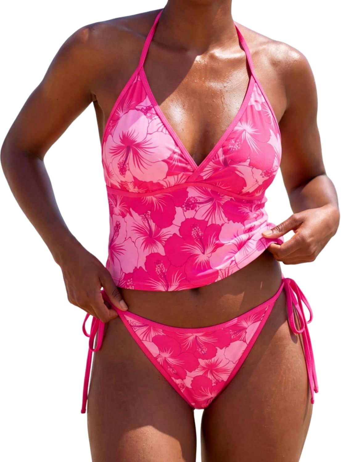 Womens Tankini Swimsuits Two Piece Bathing Suits, Floral Halter Tankini Sets High Waisted Cute Tie Side Bikini Sets