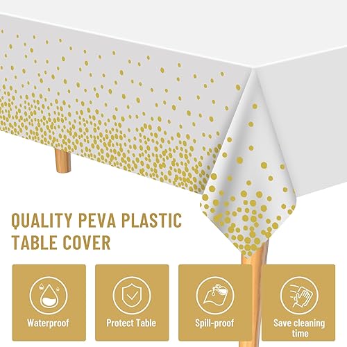 Miniatura 3 de PLULON Juego de 12 manteles de plástico y camino de mesa de satén, mantel rectangular de lunares blancos y rosas, camino de mesa de satén dorado